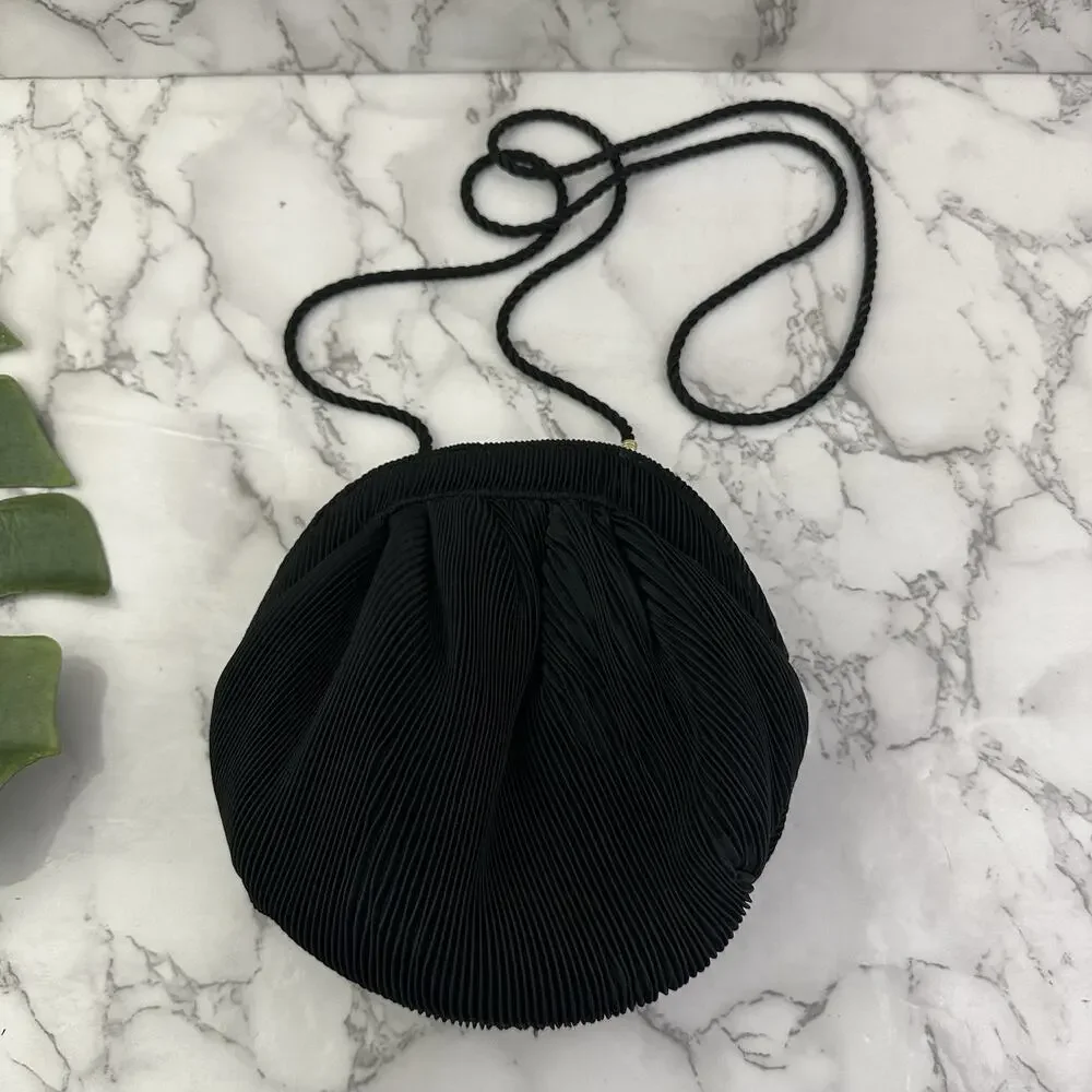 Vanessa Vintage 90s Evening Bag Clutch Purse Black Pleated Small Cord Strap